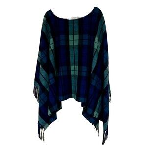 Vintage Pendleton 100% Wool Wrap Shawl Poncho Cape Blue Green Plaid Fringe